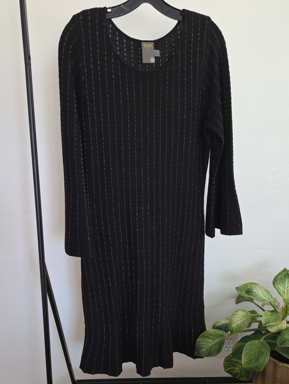Taylor | Black Ribbed Knit Long Sleeve Dress with Subtle Shimmer